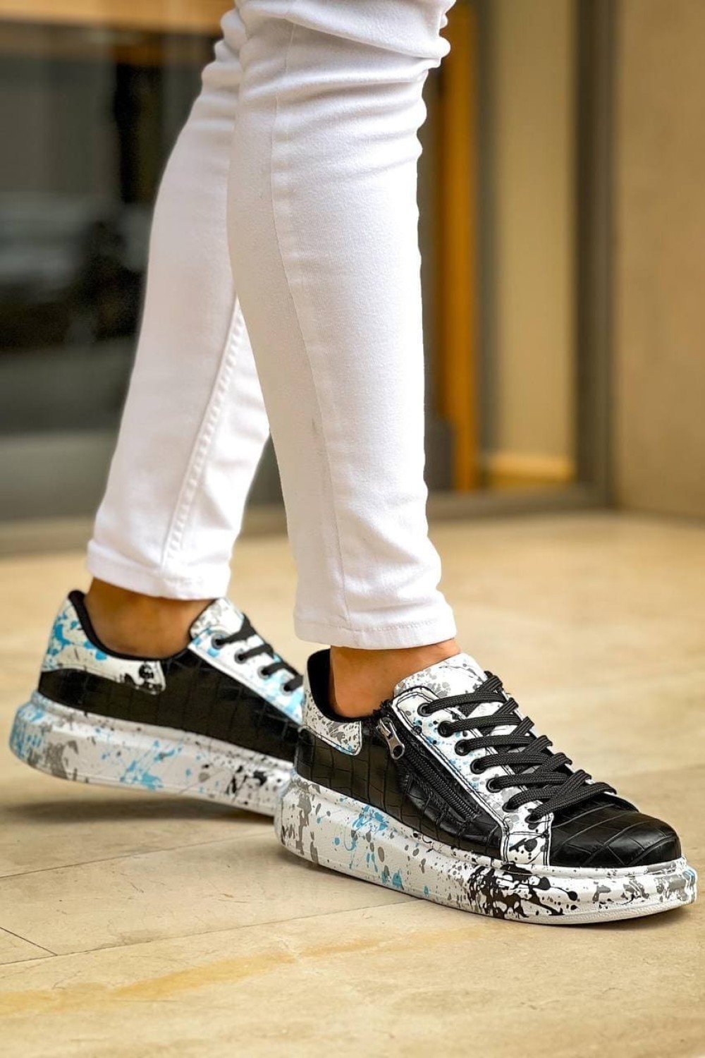 KB02 Erkek Günlük Bağcıklı Fermuarlı Boyalı Croco Cilt Spor Sneaker Ayakkabı CRT - Siyah/Mavi – Kuback Erkek Ayakkabı