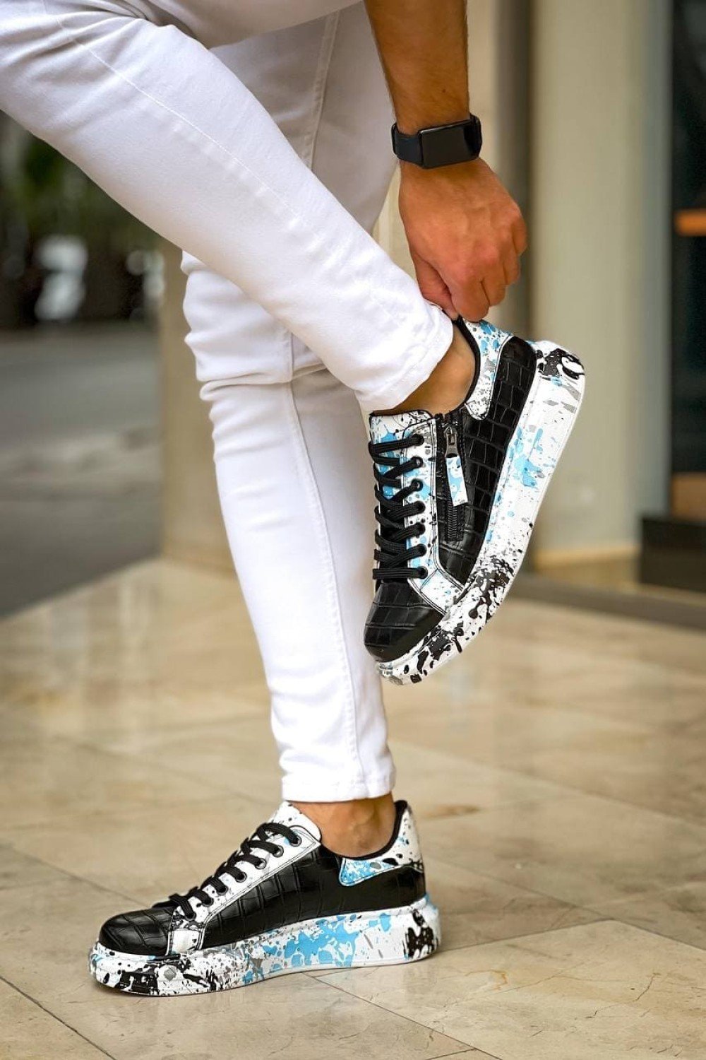 KB02 Erkek Günlük Bağcıklı Fermuarlı Boyalı Croco Cilt Spor Sneaker Ayakkabı CRT - Siyah/Mavi – Kuback Erkek Ayakkabı