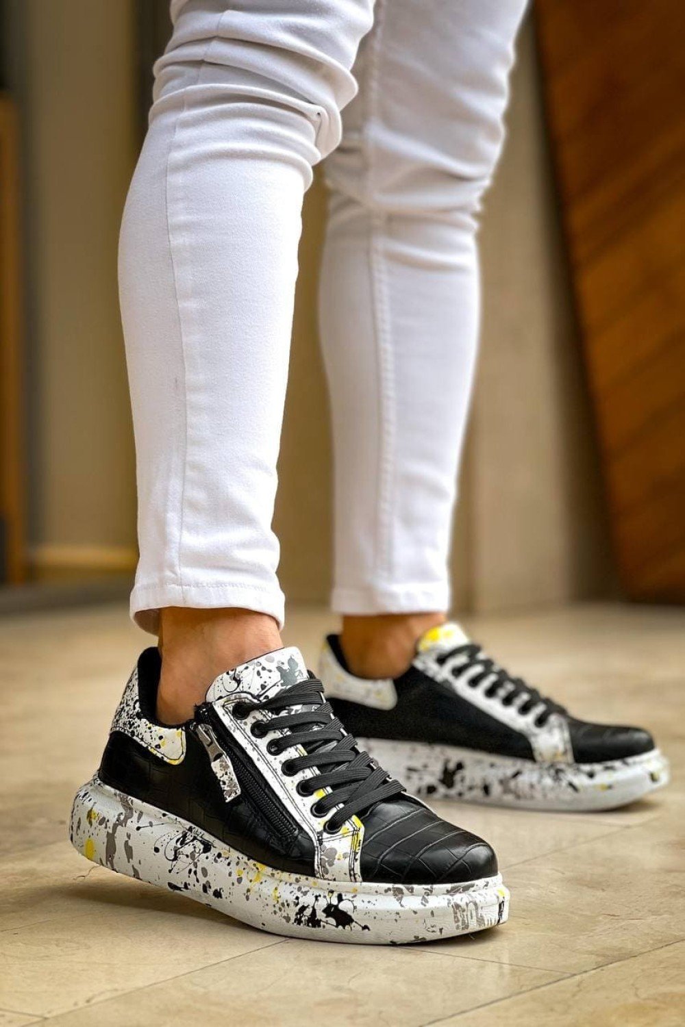 KB02 Erkek Günlük Bağcıklı Fermuarlı Boyalı Croco Cilt Spor Sneaker Ayakkabı CRT - Siyah/Sarı – Kuback Erkek Ayakkabı