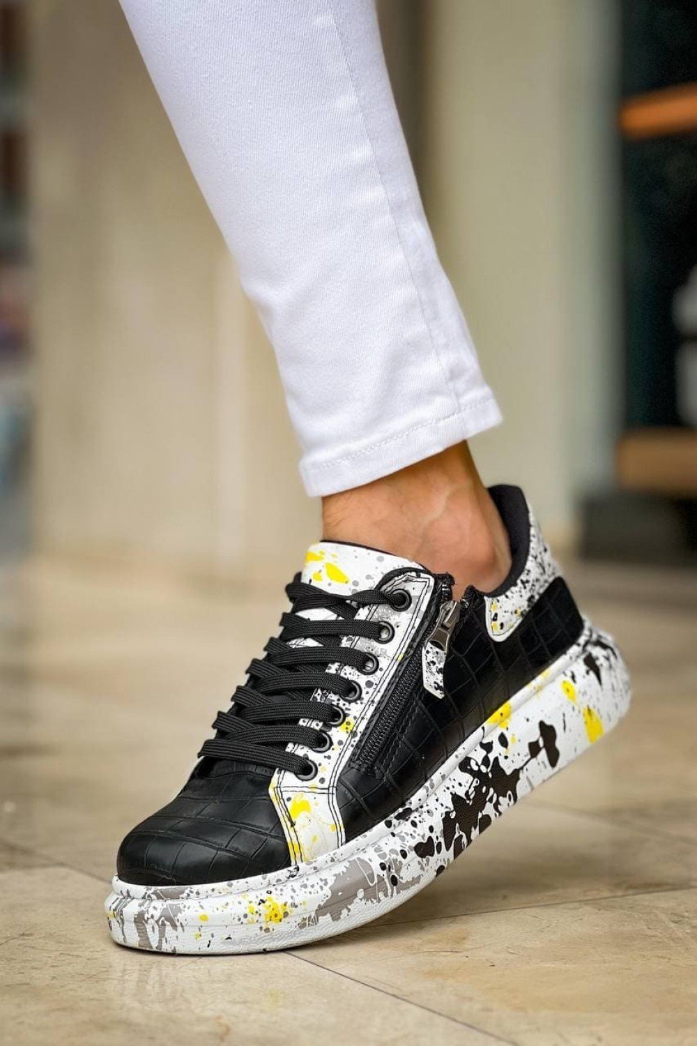 KB02 Erkek Günlük Bağcıklı Fermuarlı Boyalı Croco Cilt Spor Sneaker Ayakkabı CRT - Siyah/Sarı – Kuback Erkek Ayakkabı