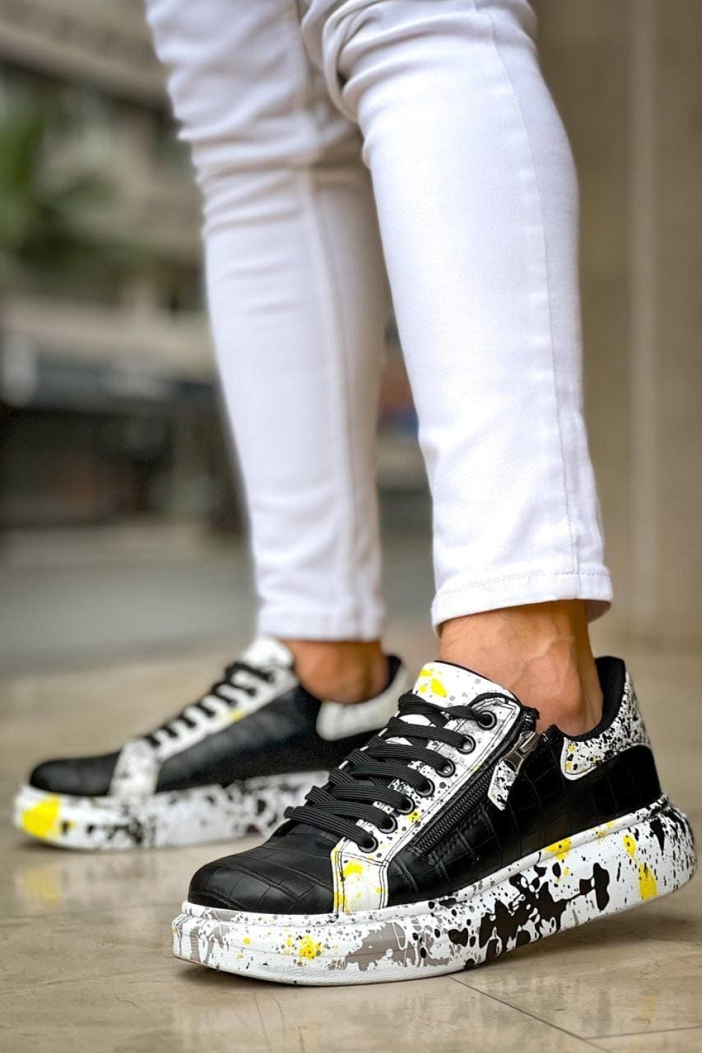 KB02 Erkek Günlük Bağcıklı Fermuarlı Boyalı Croco Cilt Spor Sneaker Ayakkabı CRT - Siyah/Sarı – Kuback Erkek Ayakkabı