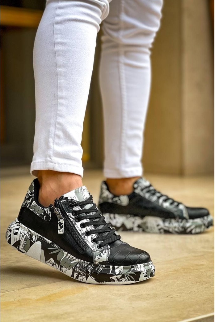 KB02 Erkek Günlük Bağcıklı Fermuarlı Boyalı Croco Cilt Spor Sneaker Ayakkabı CRT - Siyah/Siyah