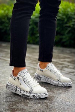 KB02 Erkek Günlük Bağcıklı Fermuarlı Gazete Boyalı Croco Cilt Spor Sneaker Ayakkabı CRT - Beyaz