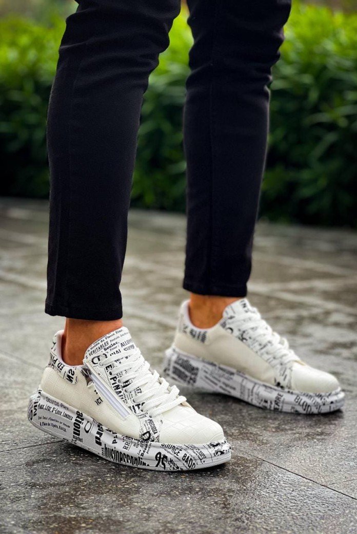 KB02 Erkek Günlük Bağcıklı Fermuarlı Gazete Boyalı Croco Cilt Spor Sneaker Ayakkabı CRT - Beyaz
