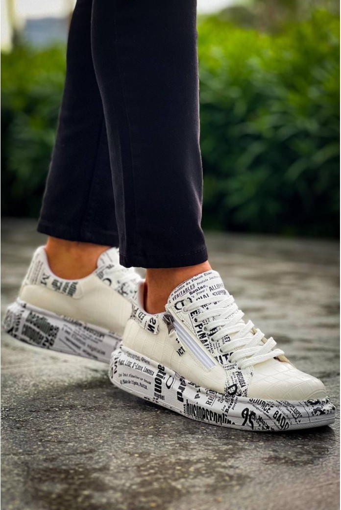 KB02 Erkek Günlük Bağcıklı Fermuarlı Gazete Boyalı Croco Cilt Spor Sneaker Ayakkabı CRT - Beyaz