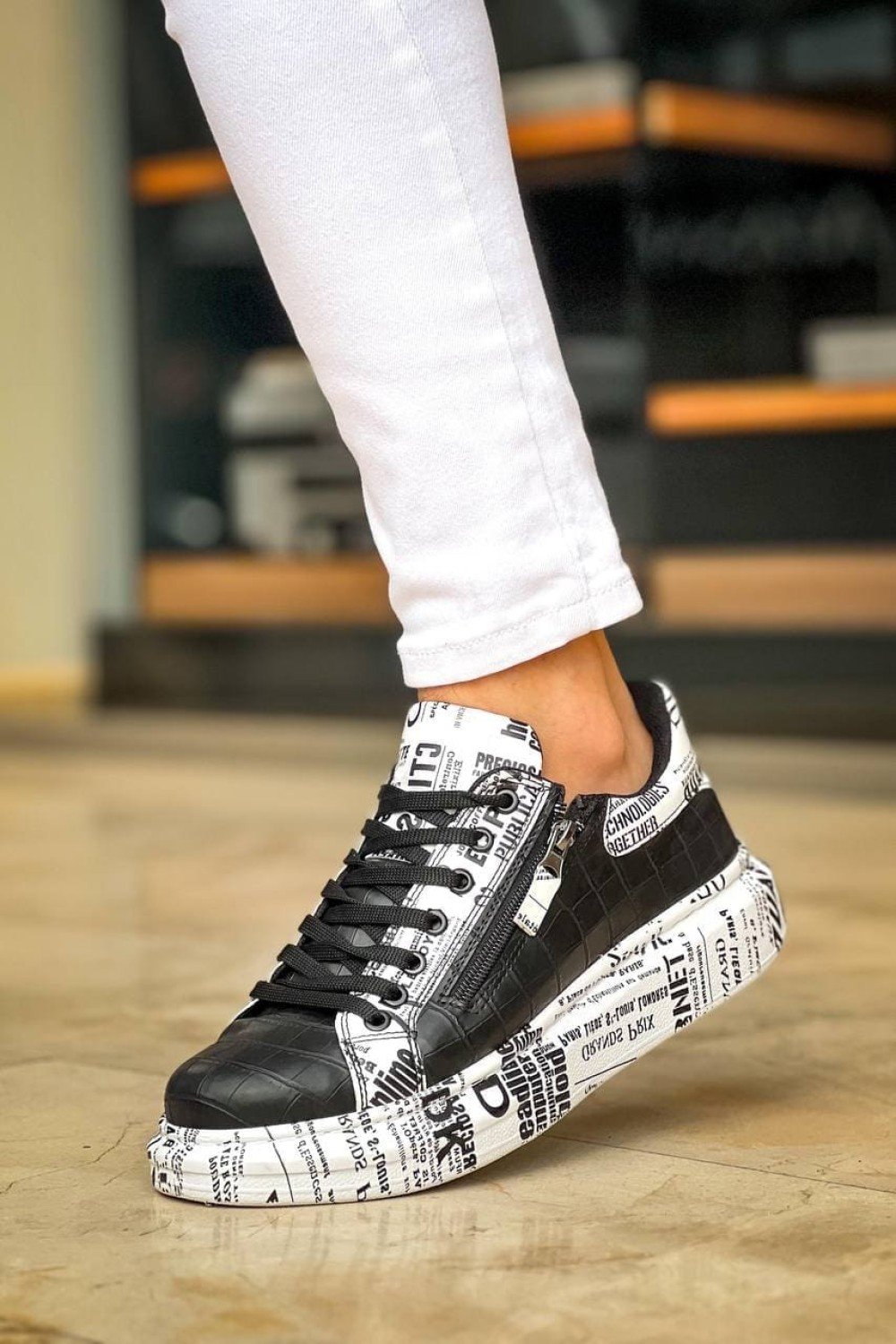 KB02 Erkek Günlük Bağcıklı Fermuarlı Gazete Boyalı Croco Cilt Spor Sneaker Ayakkabı CRT - Siyah Erkek Ayakkabı KB02 Erkek Günlük Bağcıklı Fermuarlı Gazete Boyalı Croco Cilt Spor Sneaker Ayakkabı CRT - Siyah – Kuback Erkek Ayakkabı