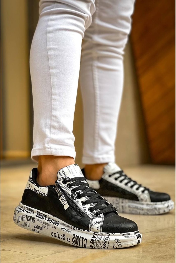 KB02 Erkek Günlük Bağcıklı Fermuarlı Gazete Boyalı Croco Cilt Spor Sneaker Ayakkabı CRT - Siyah