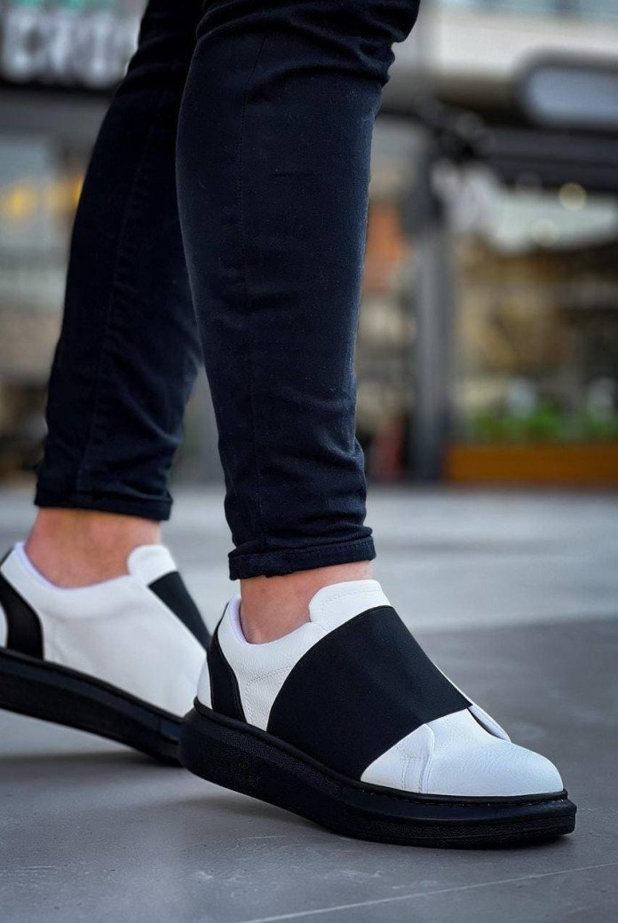 KB040 Erkek Günlük Bağcıksız Cilt Spor Sneaker Ayakkabı CST - Beyaz/Siyah