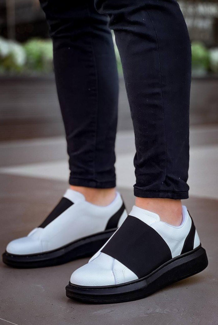 KB040 Erkek Günlük Bağcıksız Cilt Spor Sneaker Ayakkabı CST - Beyaz/Siyah