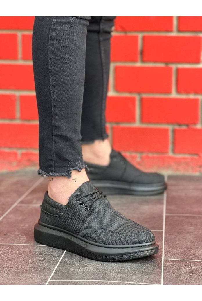 KB042 Erkek Günlük Bağcıklı Keten Klasik Ayakkabı KST - Siyah