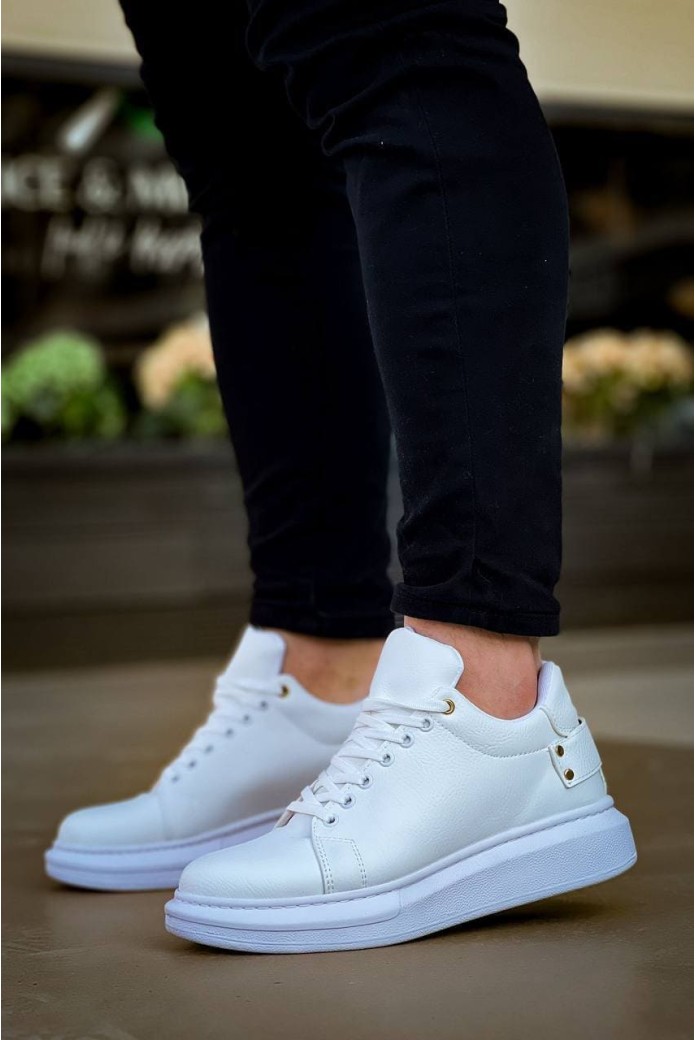 KB047 Erkek Günlük Bağcıklı Cilt Spor Sneaker Ayakkabı CBT - Beyaz