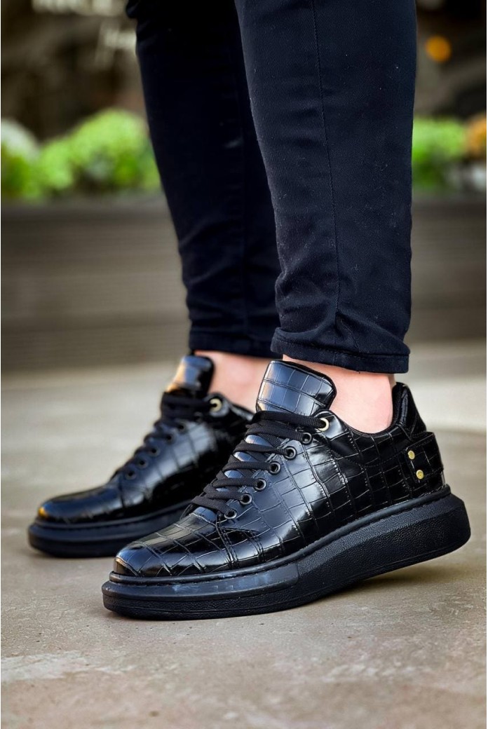 KB047 Erkek Günlük Bağcıklı Croco Desenli Cilt Spor Sneaker Ayakkabı CST - Siyah