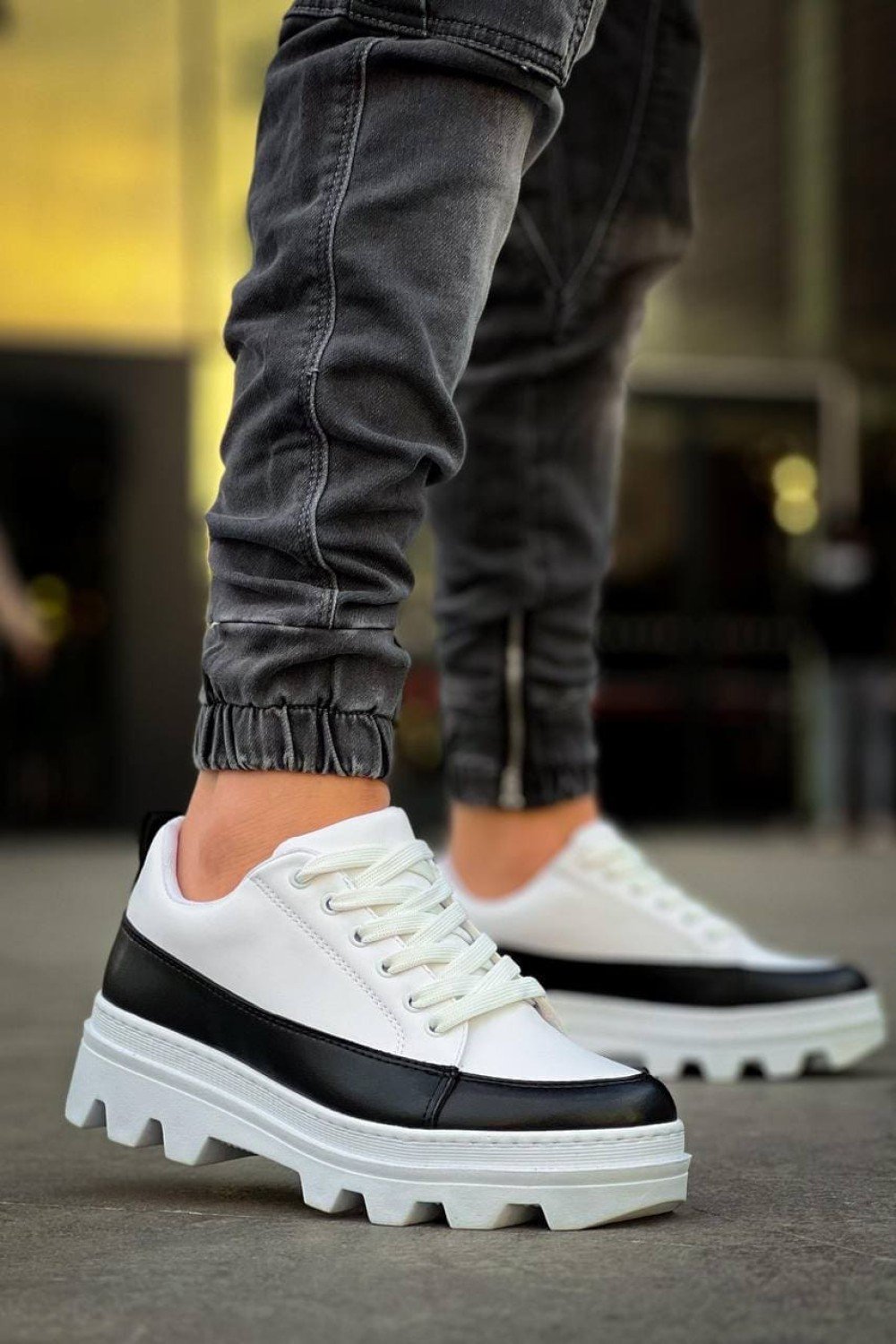 KB056 Erkek Günlük Bağcıklı Cilt Spor Sneaker Ayakkabı CBT - Beyaz/Siyah – Kuback Erkek Ayakkabı