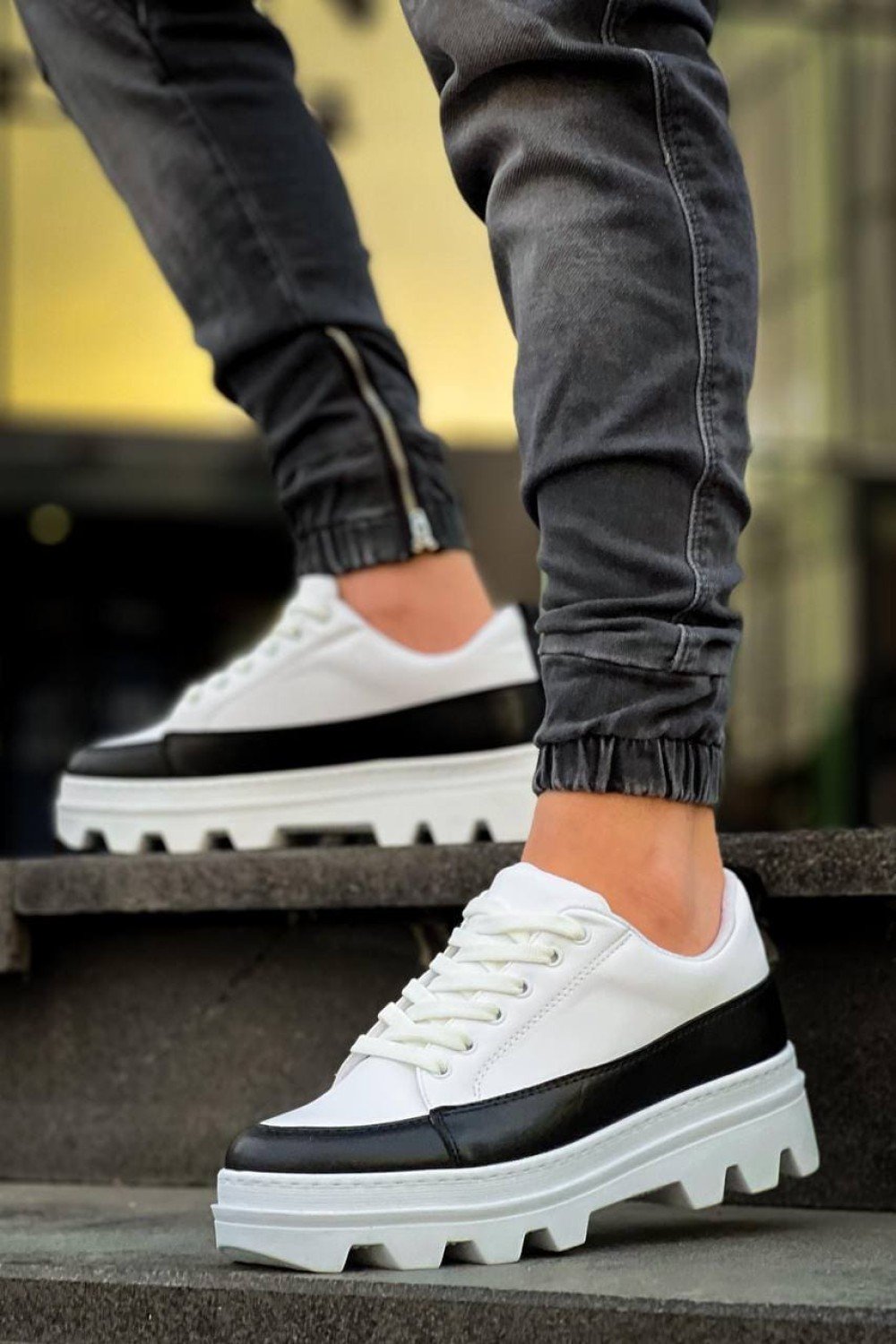 KB056 Erkek Günlük Bağcıklı Cilt Spor Sneaker Ayakkabı CBT - Beyaz/Siyah – Kuback Erkek Ayakkabı
