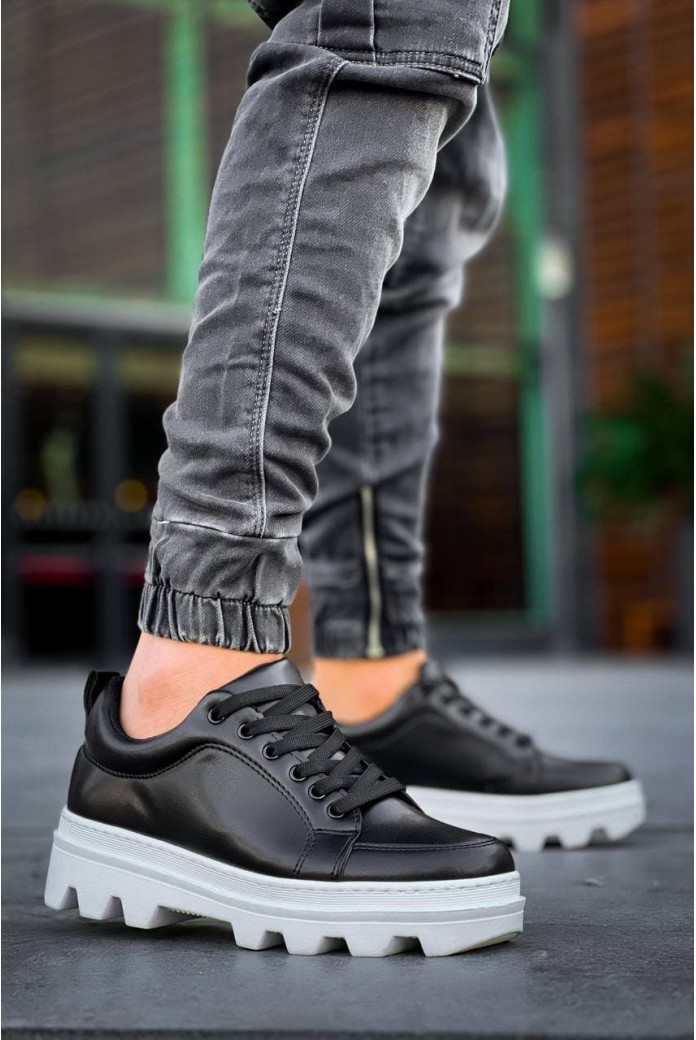 KB056 Erkek Günlük Bağcıklı Cilt Spor Sneaker Ayakkabı CBT - Siyah