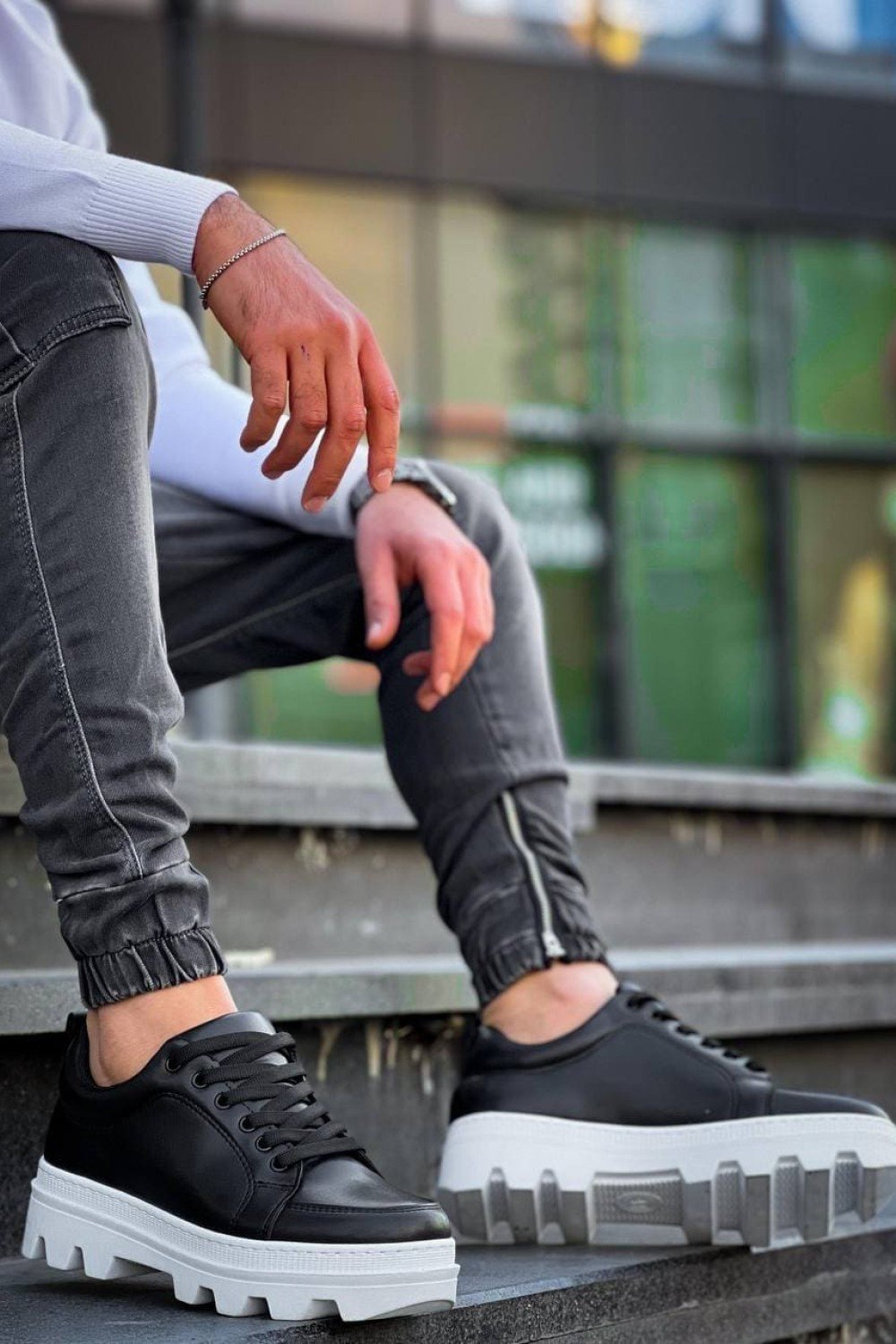KB056 Erkek Günlük Bağcıklı Cilt Spor Sneaker Ayakkabı CBT - Siyah – Kuback Erkek Ayakkabı