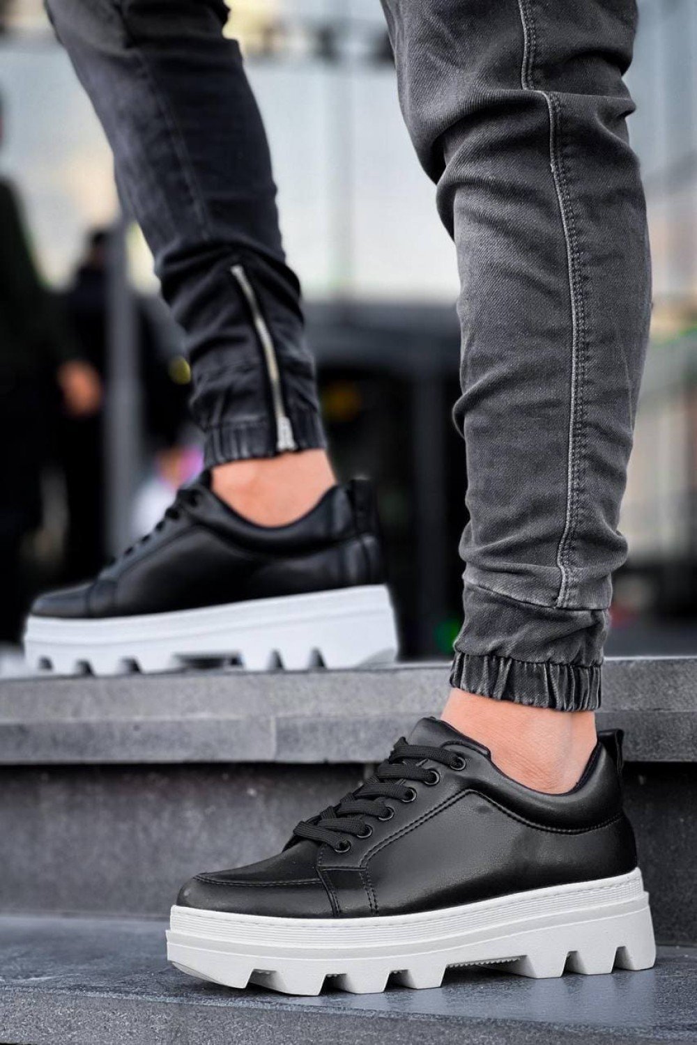 KB056 Erkek Günlük Bağcıklı Cilt Spor Sneaker Ayakkabı CBT - Siyah – Kuback Erkek Ayakkabı