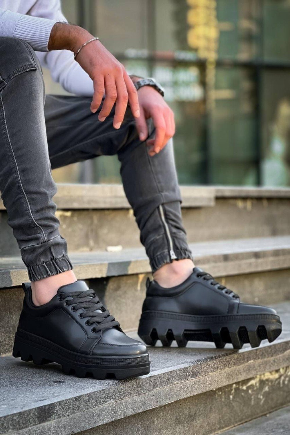 KB056 Erkek Günlük Bağcıklı Cilt Spor Sneaker Ayakkabı CST - Siyah – Kuback Erkek Ayakkabı
