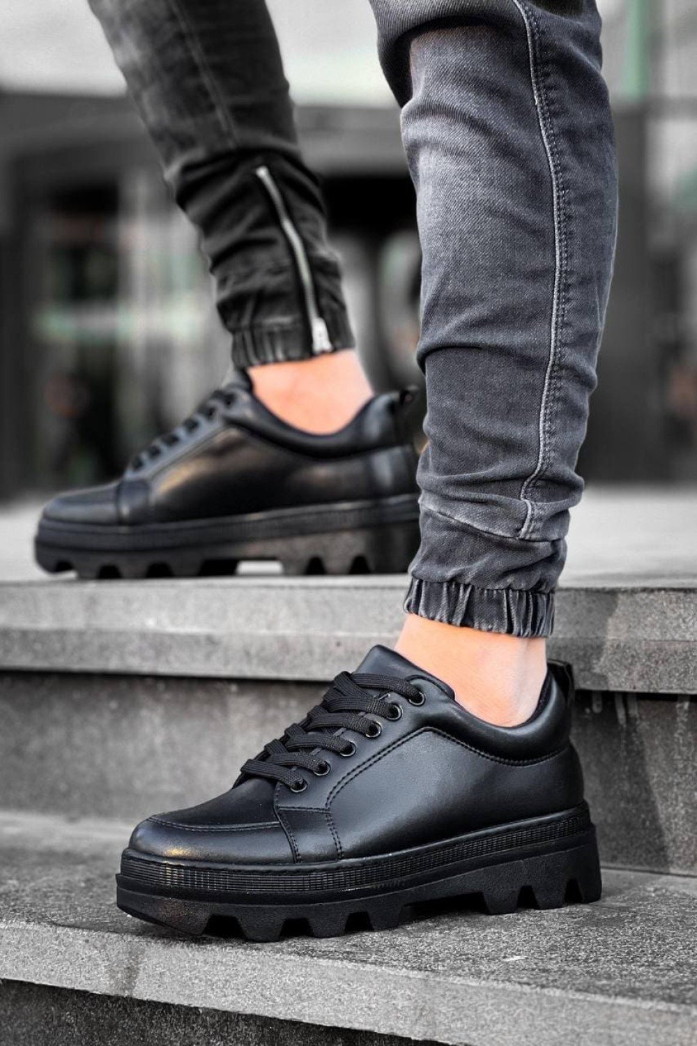 KB056 Erkek Günlük Bağcıklı Cilt Spor Sneaker Ayakkabı CST - Siyah – Kuback Erkek Ayakkabı