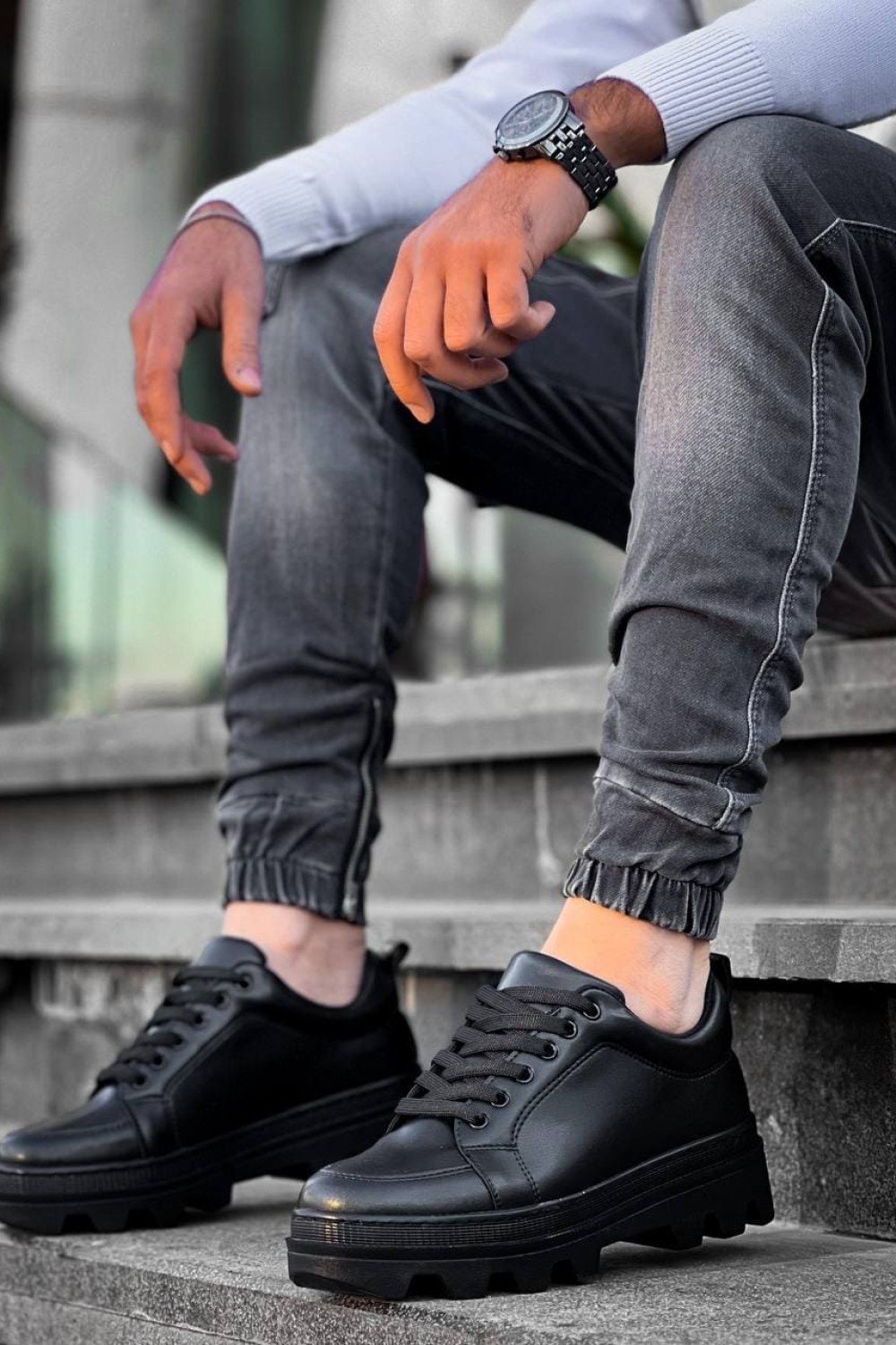 KB056 Erkek Günlük Bağcıklı Cilt Spor Sneaker Ayakkabı CST - Siyah – Kuback Erkek Ayakkabı
