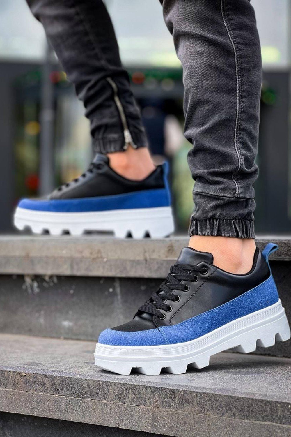 KB056 Erkek Günlük Bağcıklı Cilt Süet Spor Sneaker Ayakkabı CSBT - Siyah/Mavi – Kuback Erkek Ayakkabı