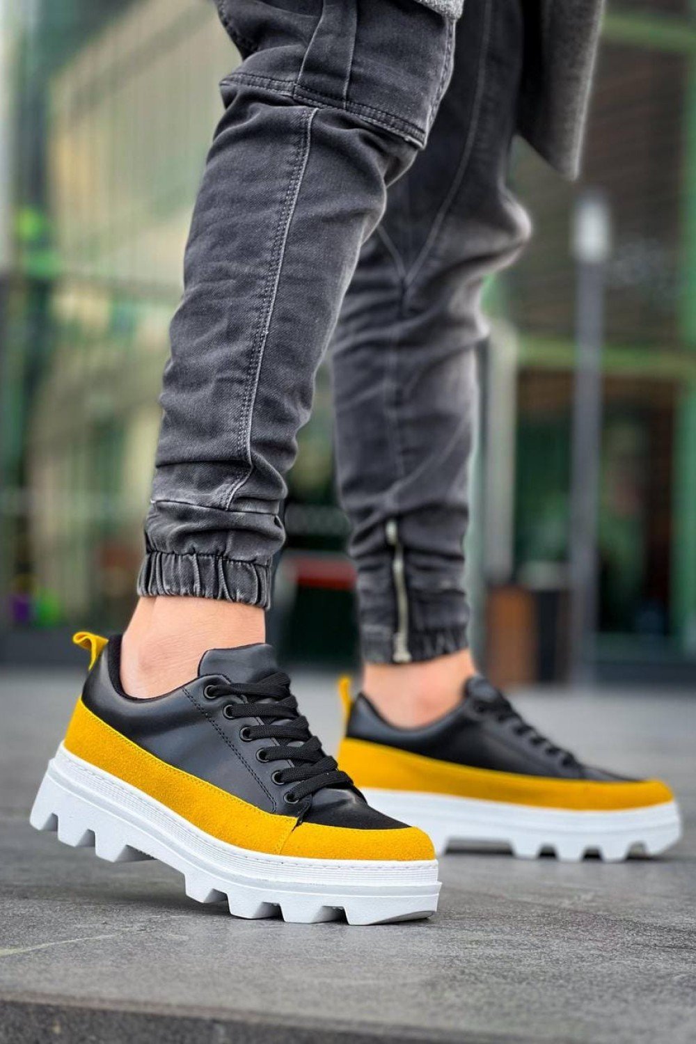 KB056 Erkek Günlük Bağcıklı Cilt Süet Spor Sneaker Ayakkabı CSBT - Siyah/Sarı – Kuback Erkek Ayakkabı