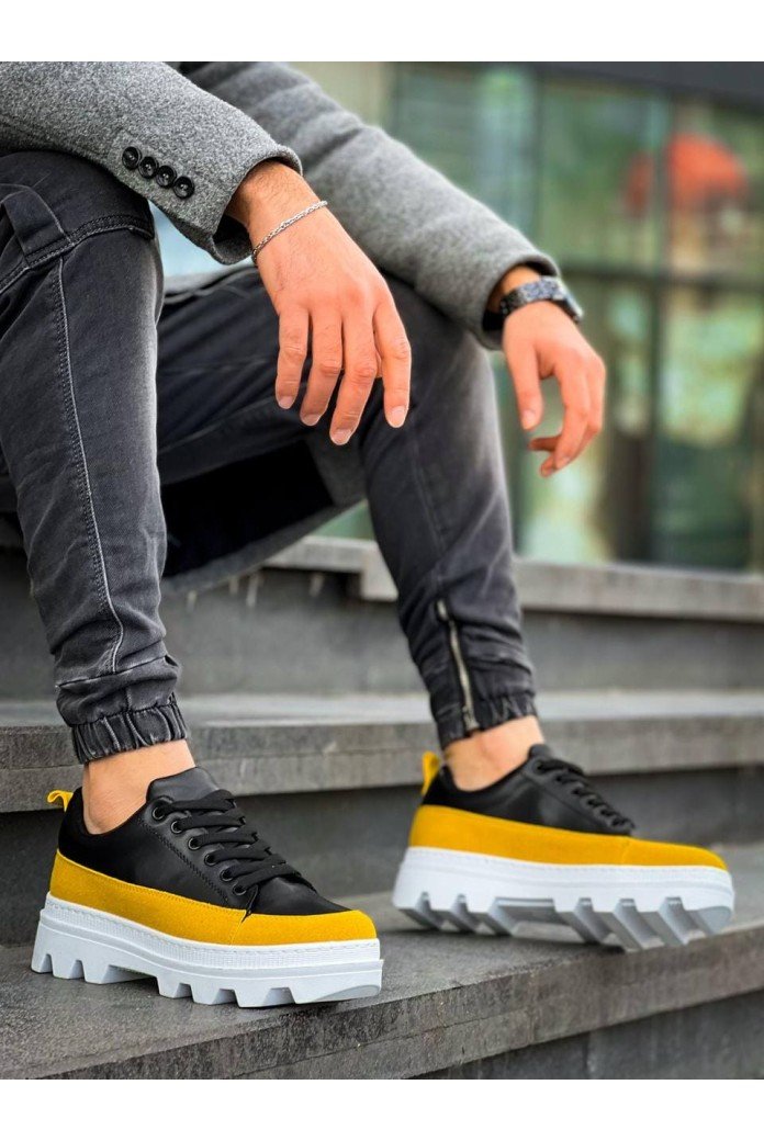 KB056 Erkek Günlük Bağcıklı Cilt Süet Spor Sneaker Ayakkabı CSBT - Siyah/Sarı