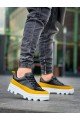 KB056 Erkek Günlük Bağcıklı Cilt Süet Spor Sneaker Ayakkabı CSBT - Siyah/Sarı