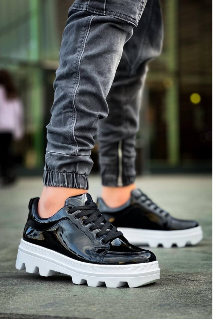 KB056 Erkek Günlük Bağcıklı Rugan Spor Sneaker Ayakkabı RBT - Siyah