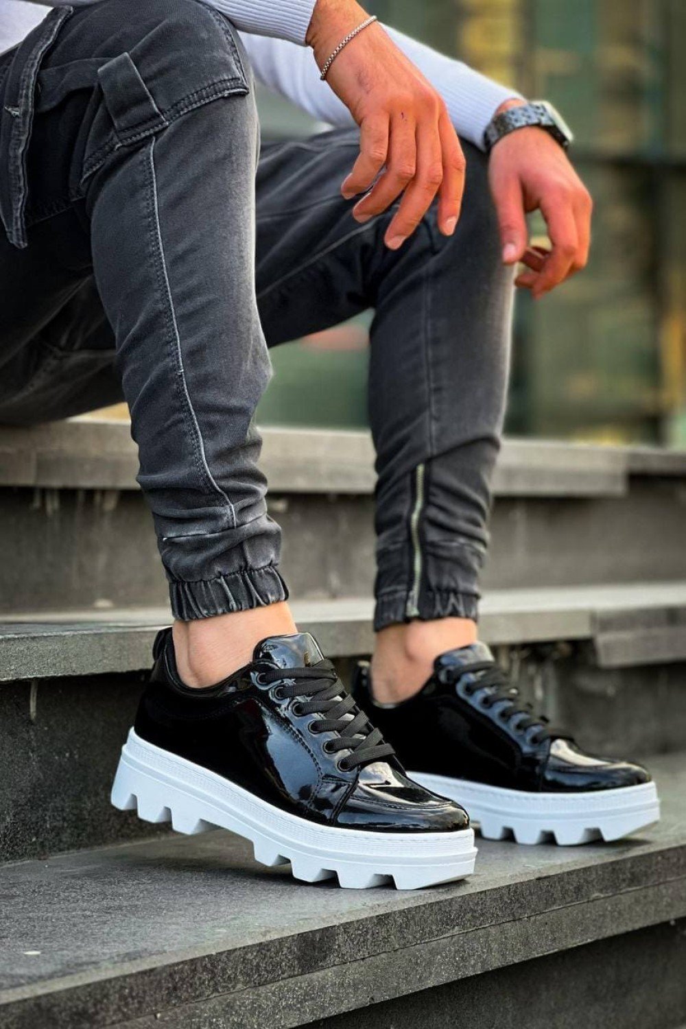 KB056 Erkek Günlük Bağcıklı Rugan Spor Sneaker Ayakkabı RBT - Siyah – Kuback Erkek Ayakkabı