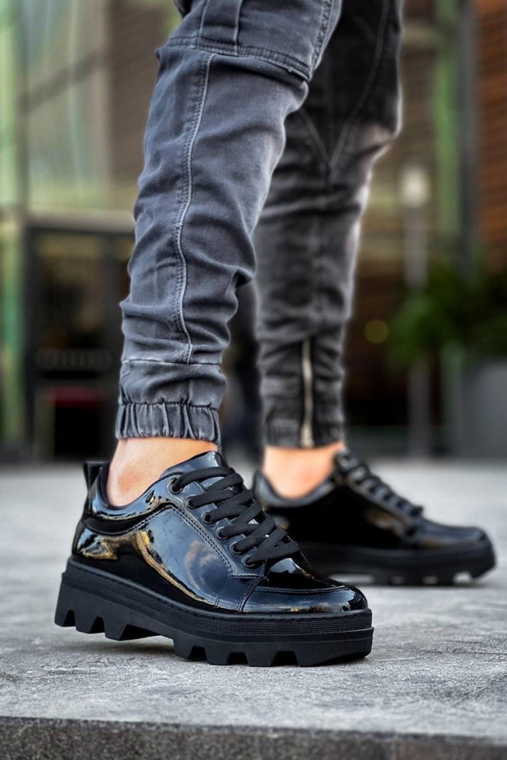 KB056 Erkek Günlük Bağcıklı Rugan Spor Sneaker Ayakkabı RST - Siyah – Kuback Erkek Ayakkabı
