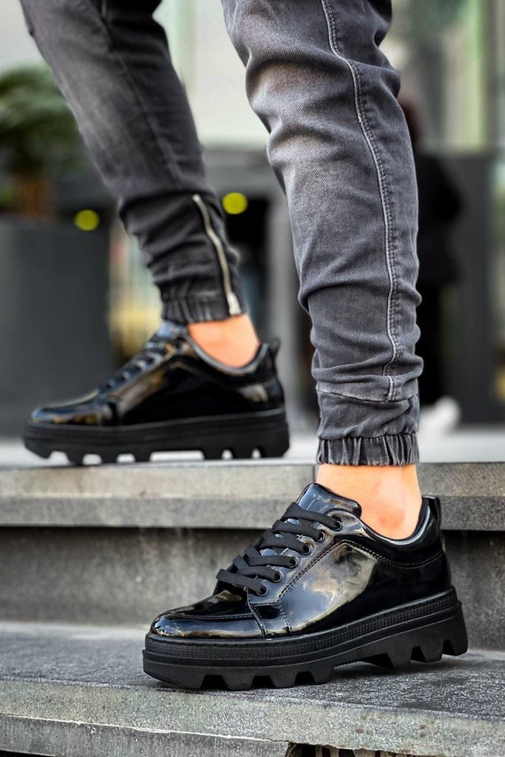 KB056 Erkek Günlük Bağcıklı Rugan Spor Sneaker Ayakkabı RST - Siyah – Kuback Erkek Ayakkabı