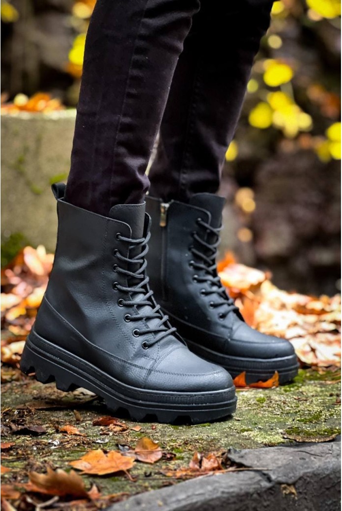 KB0993 Erkek Spor Günlük Bağcıklı ve Fermuarlı Cilt Bot CST - Siyah