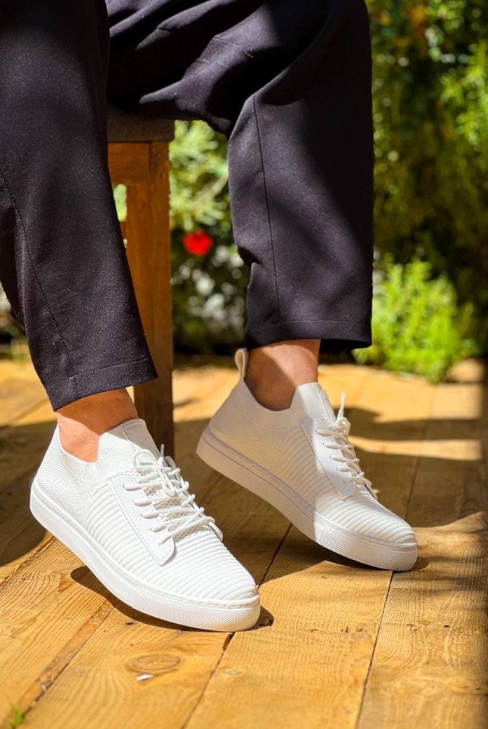 KB110 Erkek Günlük Bağcıklı Triko Spor Sneaker Ayakkabı TBT - Beyaz