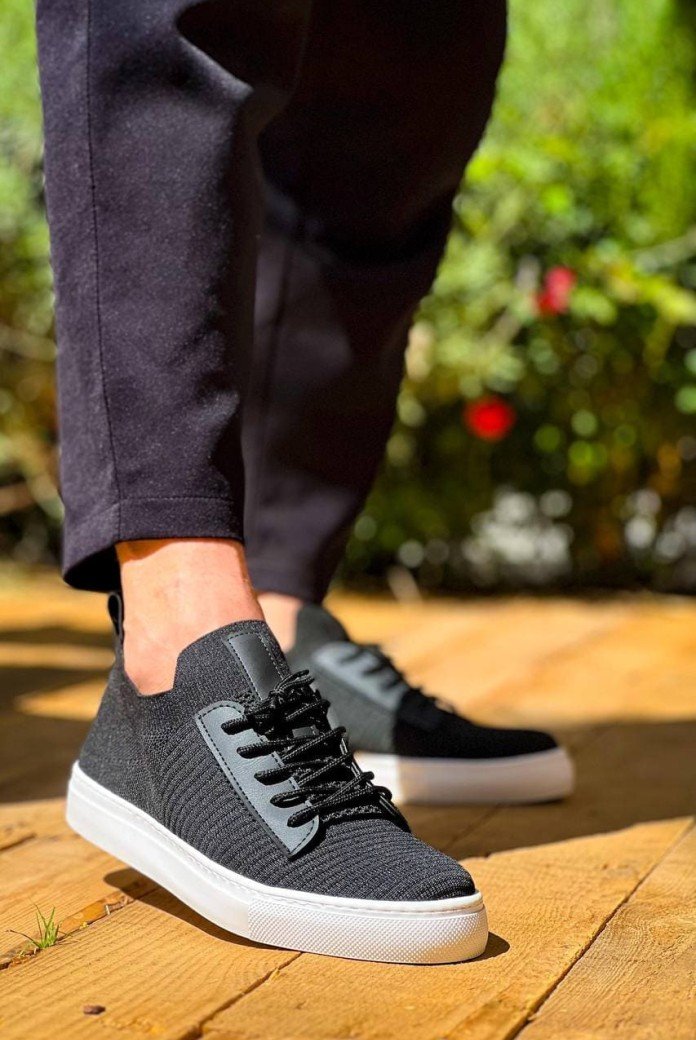 KB110 Erkek Günlük Bağcıklı Triko Spor Sneaker Ayakkabı TBT - Siyah