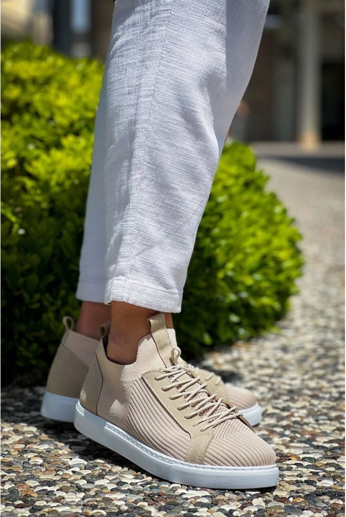 KB112 Erkek Günlük Bağcıklı Triko Spor Sneaker Ayakkabı TBT - Bej