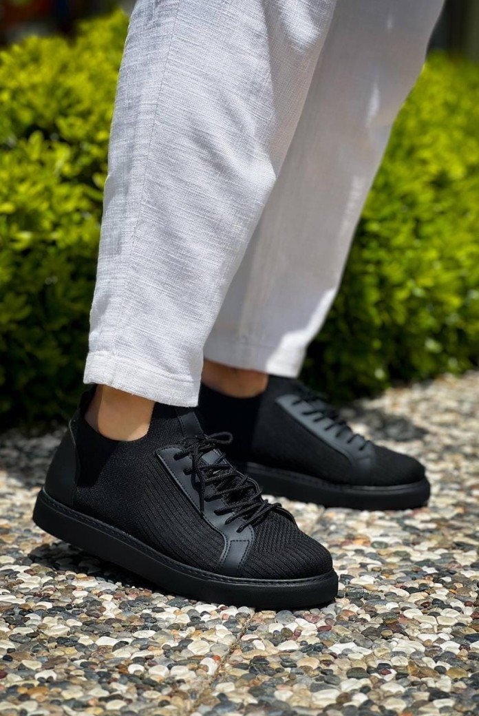 KB112 Erkek Günlük Bağcıklı Triko Spor Sneaker Ayakkabı TST - Siyah