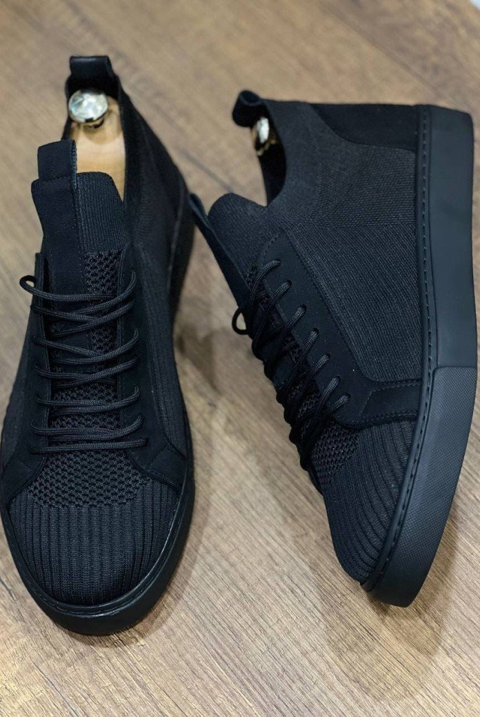 KB112 Erkek Günlük Bağcıklı Triko Spor Sneaker Ayakkabı TST - Siyah