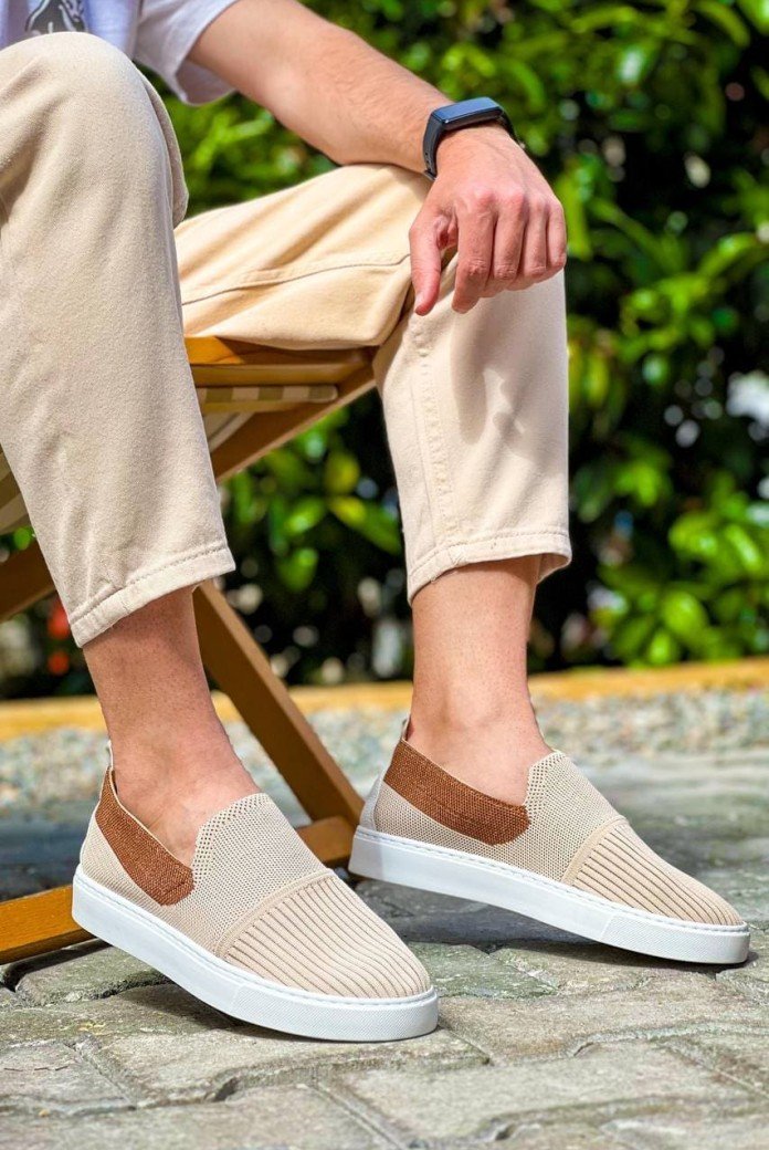 KB114 Erkek Günlük Bağcıksız Triko Spor Sneaker Ayakkabı TBT - Bej/Taba