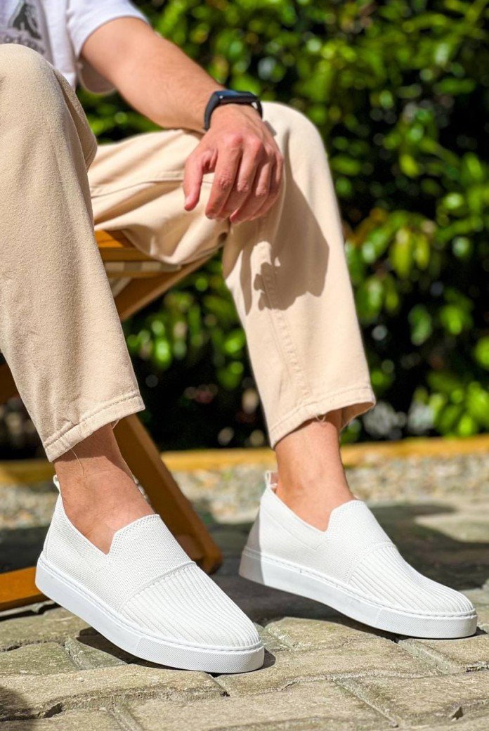 KB114 Erkek Günlük Bağcıksız Triko Spor Sneaker Ayakkabı TBT - Beyaz