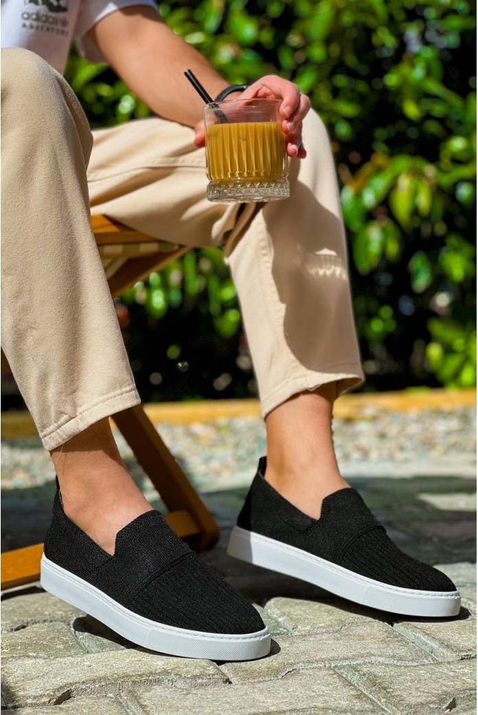 KB114 Erkek Günlük Bağcıksız Triko Spor Sneaker Ayakkabı TBT - Siyah