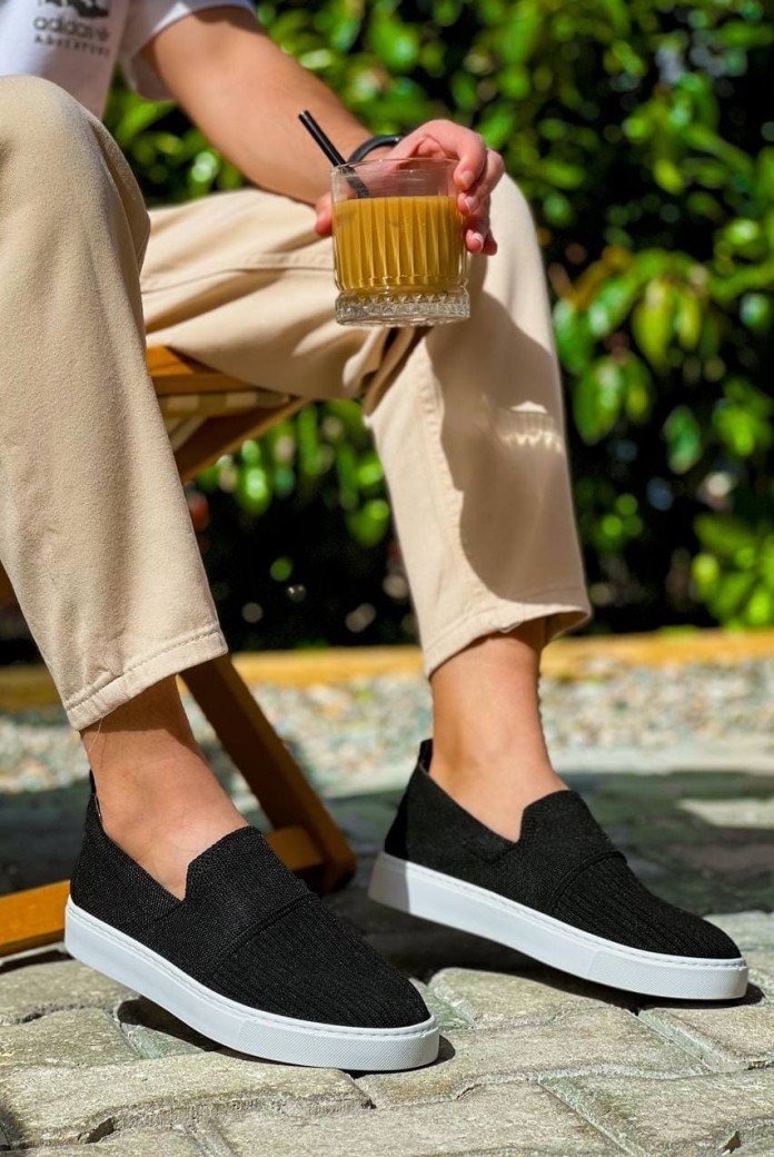 KB114 Erkek Günlük Bağcıksız Triko Spor Sneaker Ayakkabı TBT - Siyah