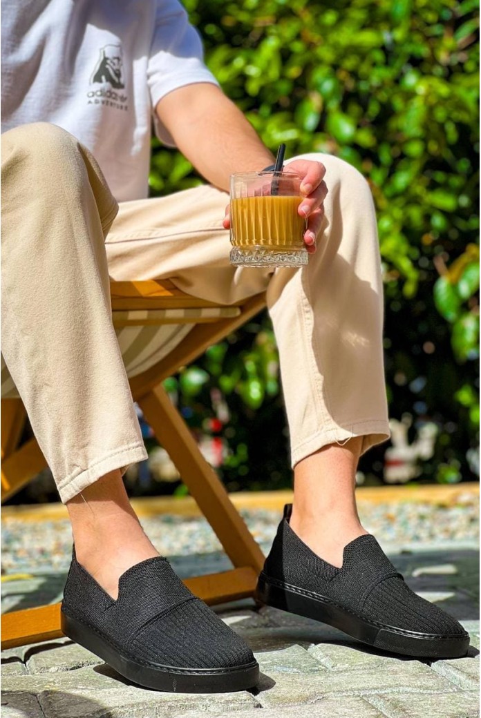 KB114 Erkek Günlük Bağcıksız Triko Spor Sneaker Ayakkabı TST - Siyah