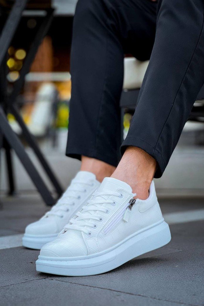 KB309 Erkek Günlük Bağcıklı Fermuarlı Croco Desenli Cilt Spor Sneaker Ayakkabı CBT - Beyaz
