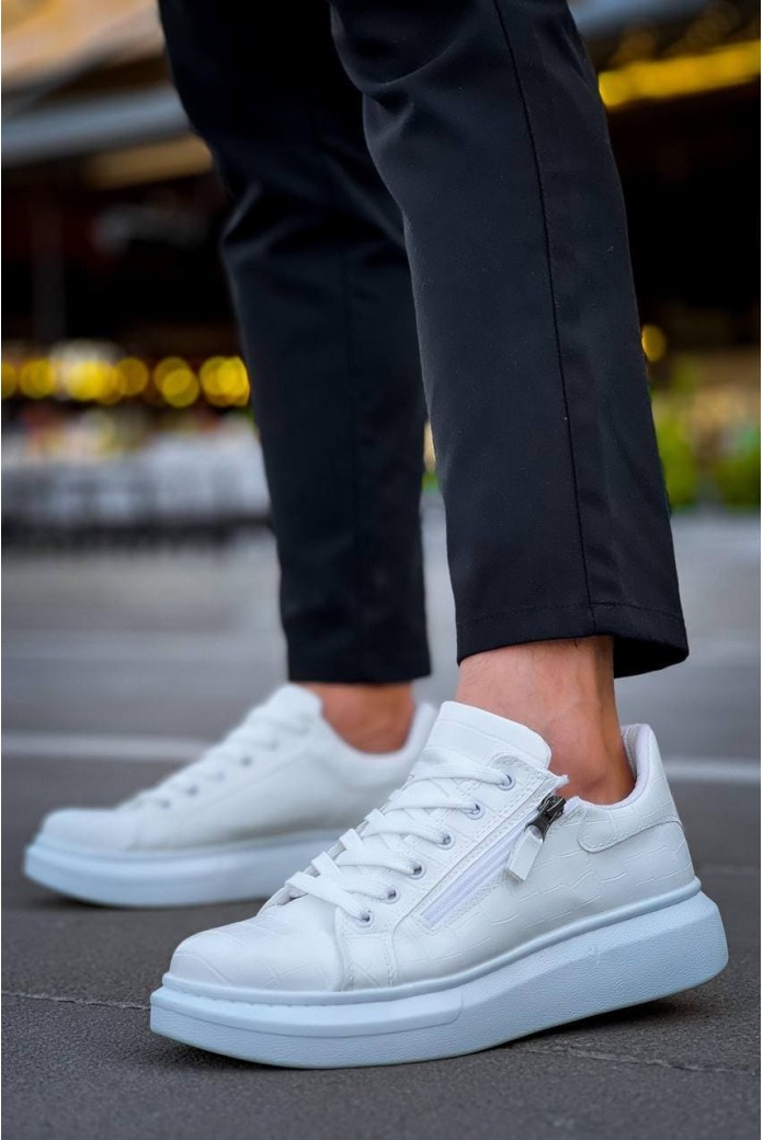 KB309 Erkek Günlük Bağcıklı Fermuarlı Croco Desenli Cilt Spor Sneaker Ayakkabı CBT - Beyaz
