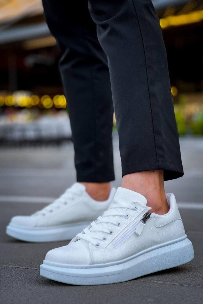 KB309 Erkek Günlük Bağcıklı Fermuarlı Croco Desenli Cilt Spor Sneaker Ayakkabı CBT - Beyaz