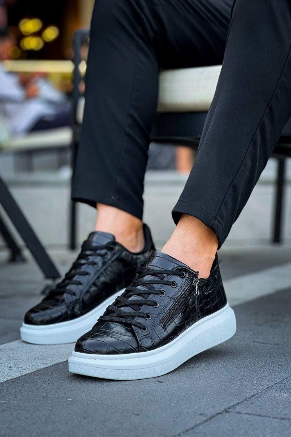 KB309 Erkek Günlük Bağcıklı Fermuarlı Croco Desenli Cilt Spor Sneaker Ayakkabı CBT - Siyah – Kuback Erkek Ayakkabı
