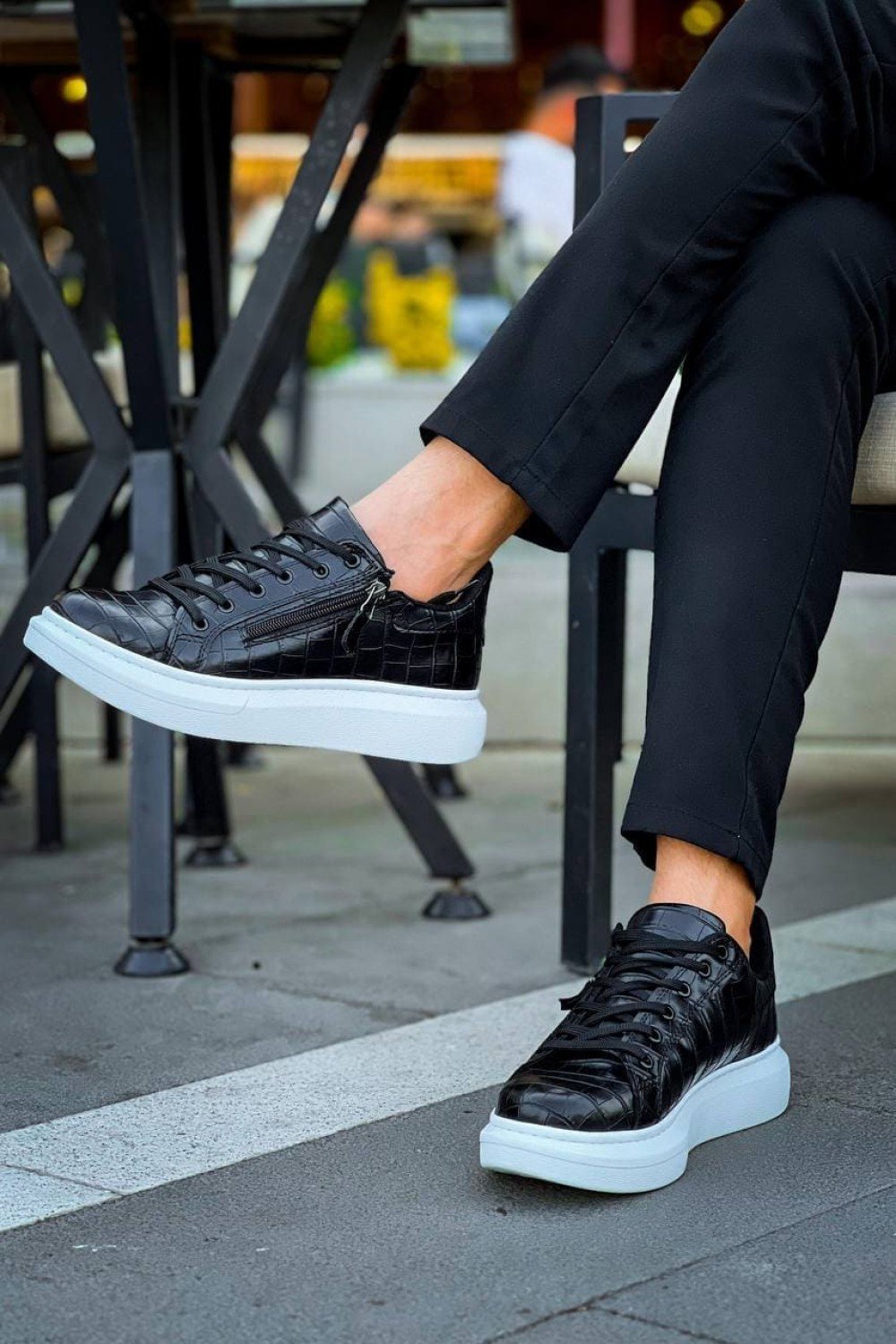 KB309 Erkek Günlük Bağcıklı Fermuarlı Croco Desenli Cilt Spor Sneaker Ayakkabı CBT - Siyah – Kuback Erkek Ayakkabı