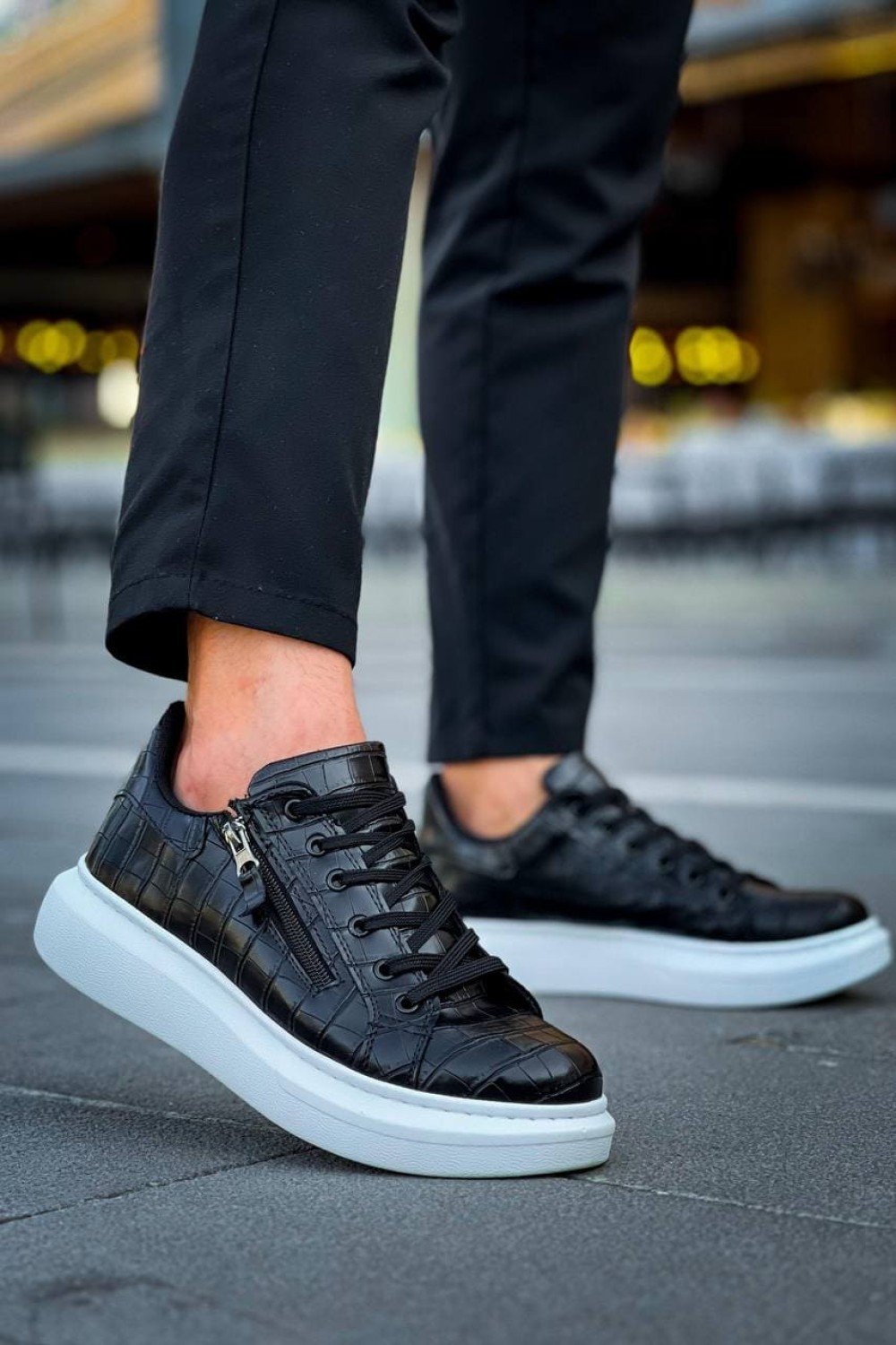 KB309 Erkek Günlük Bağcıklı Fermuarlı Croco Desenli Cilt Spor Sneaker Ayakkabı CBT - Siyah – Kuback Erkek Ayakkabı