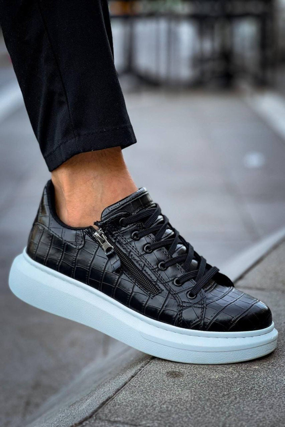 KB309 Erkek Günlük Bağcıklı Fermuarlı Croco Desenli Cilt Spor Sneaker Ayakkabı CBT - Siyah – Kuback Erkek Ayakkabı